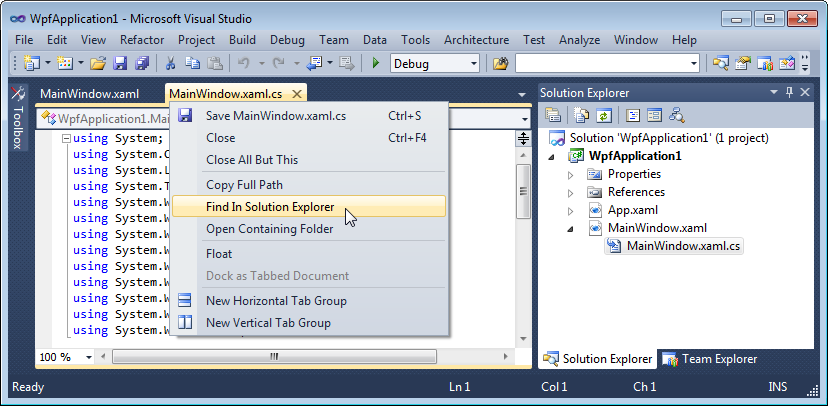 Find In Solution Explorer tab context menu command in Visual Studio 2010