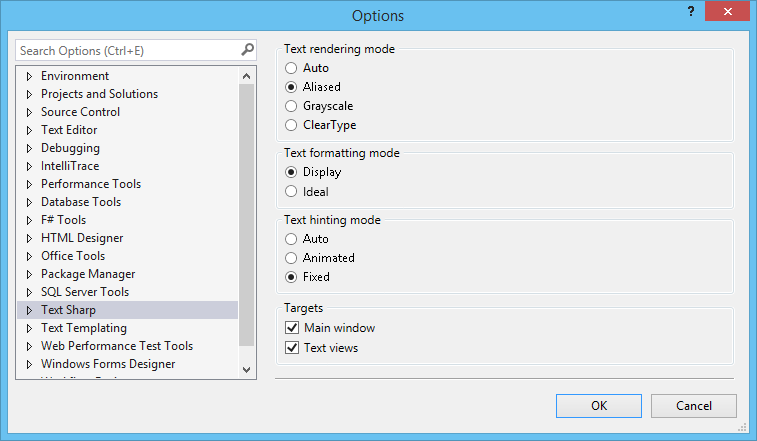 Text Sharp options page in Visual Studio 2013