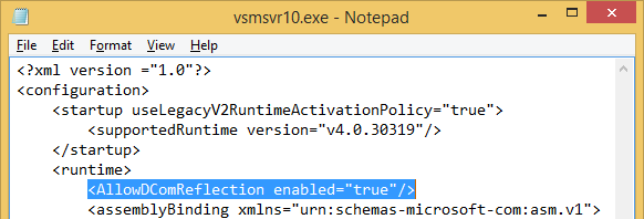 Adding AllowDComReflection to vsmsvr10.exe.config